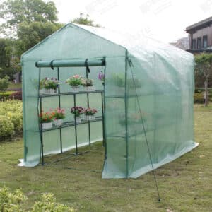 A walk-in greenhouse with shelves for flowers in a backyard